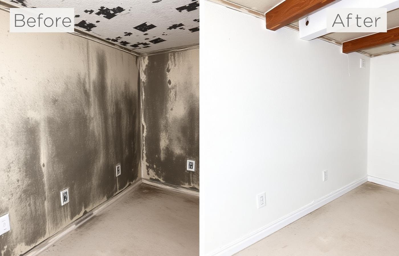 Before and after photo of a basement wall that had heavy black mold removed
