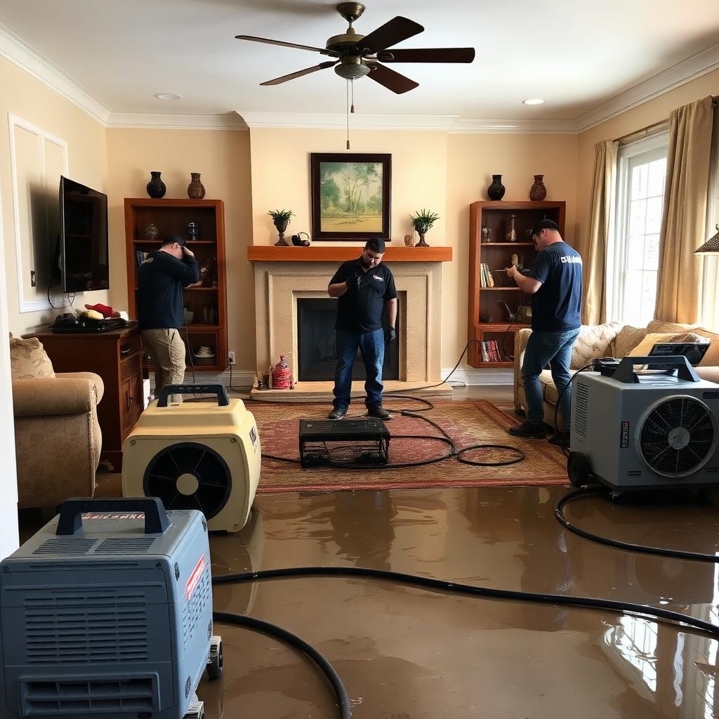 Water damage restoration crew drying a flooded living room in Greensboro, NC with air movers
