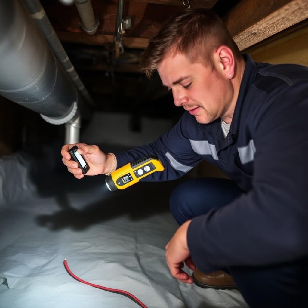 Technician measuring humidity in a Greensboro, NC crawl space with a vapor barrier installed
