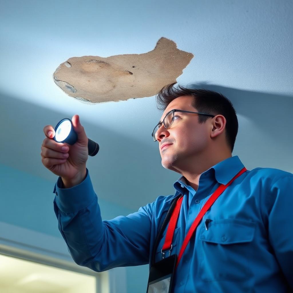 Certified inspector using a flashlight to check a ceiling for hidden mold in a Greensboro, NC home