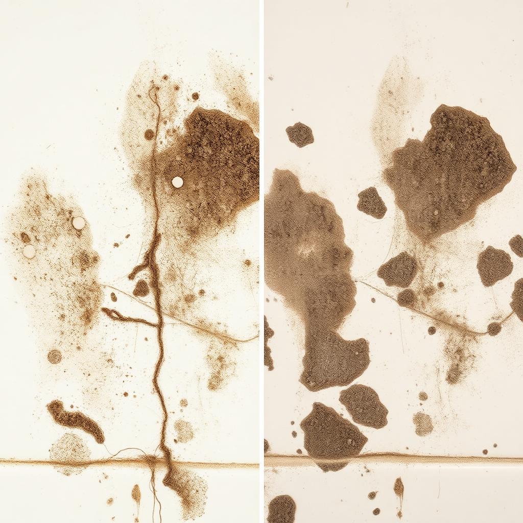Side-by-side comparison of mildew and mold growth on a bathroom wall in a Greensboro home