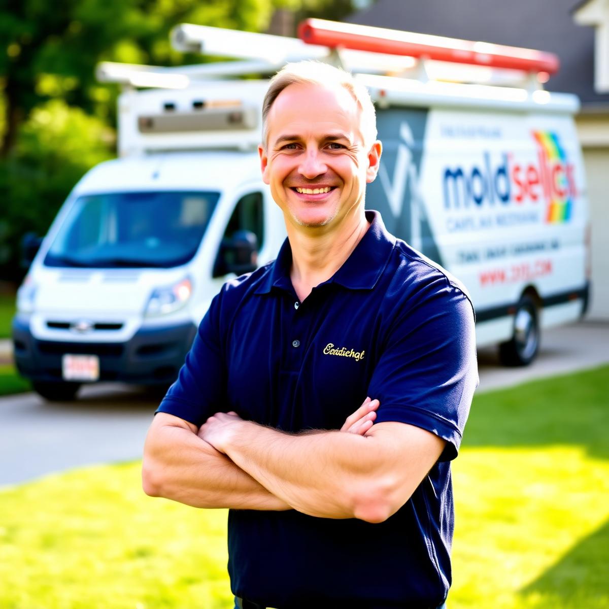 Founder of Greensboro Mold Removal Company standing in front of a service van