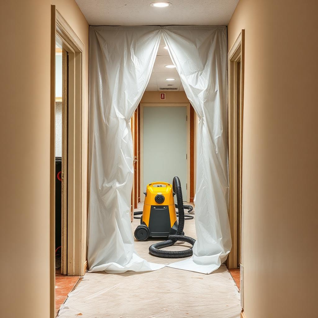 Containment barrier and HEPA air scrubber set up for commercial mold remediation in Bailey, NC