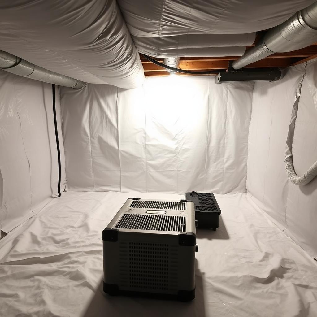 Encapsulated crawl space with vapor barrier and dehumidifier in a Bailey, NC home