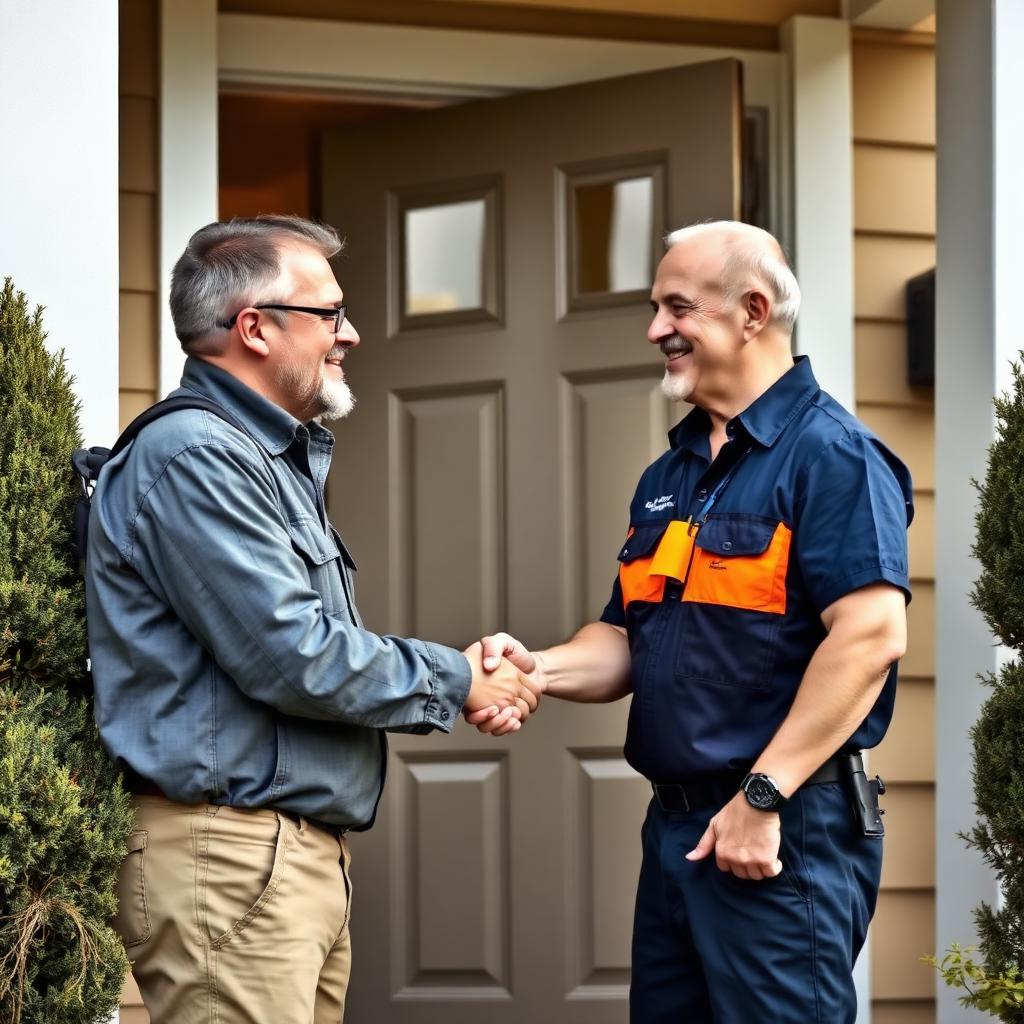 Local mold removal company technician greeting a homeowner at the front door