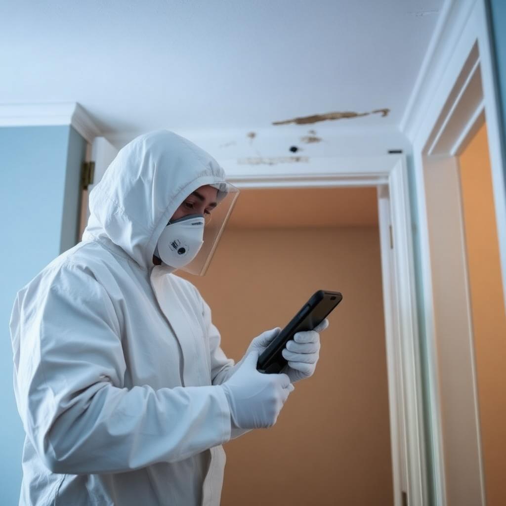 Mold removal company technician inspecting a ceiling in a Greensboro home