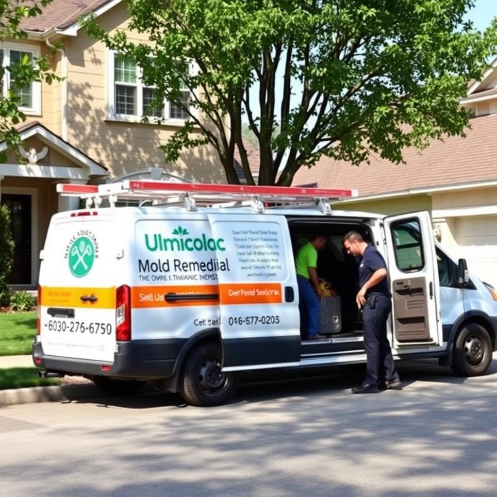 Mold remediation service van and technicians arriving at a local home for a nearby appointment