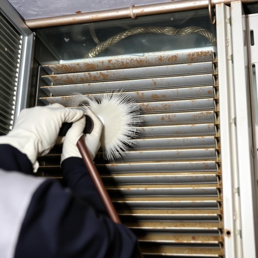 HVAC technician cleaning a moldy evaporator coil inside an air handler in Greensboro