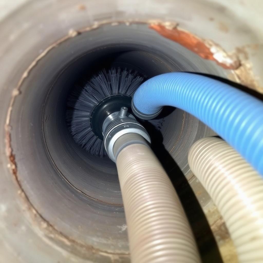 Rotating brush and HEPA vacuum hose cleaning the interior of an air duct