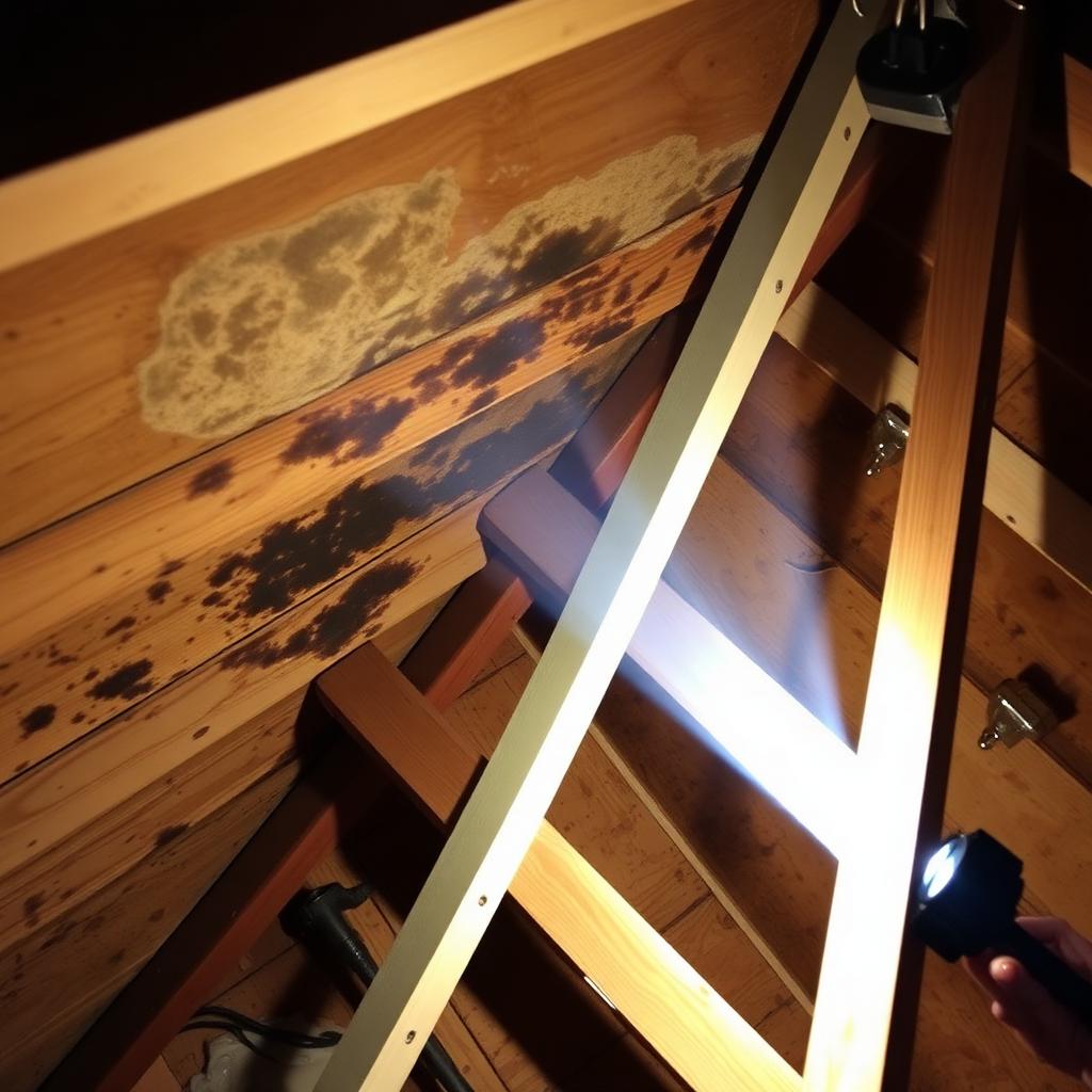 Dark mold stains on roof sheathing inside a Greensboro attic during inspection