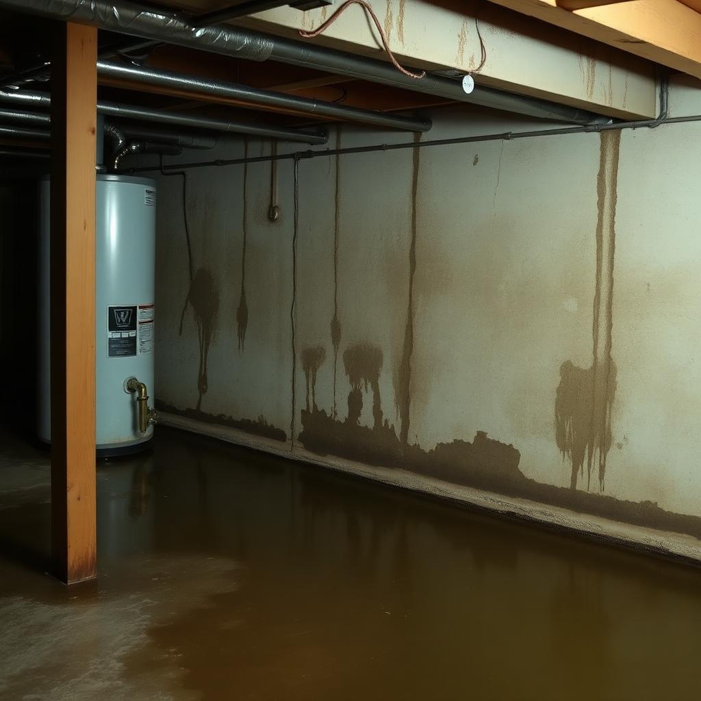Damp Greensboro basement with mold stains on drywall near a water heater before remediation