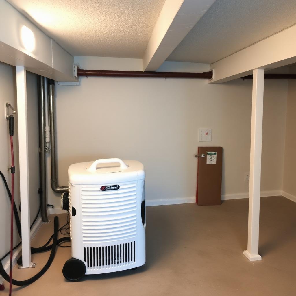 Clean finished basement with a commercial dehumidifier running after mold removal