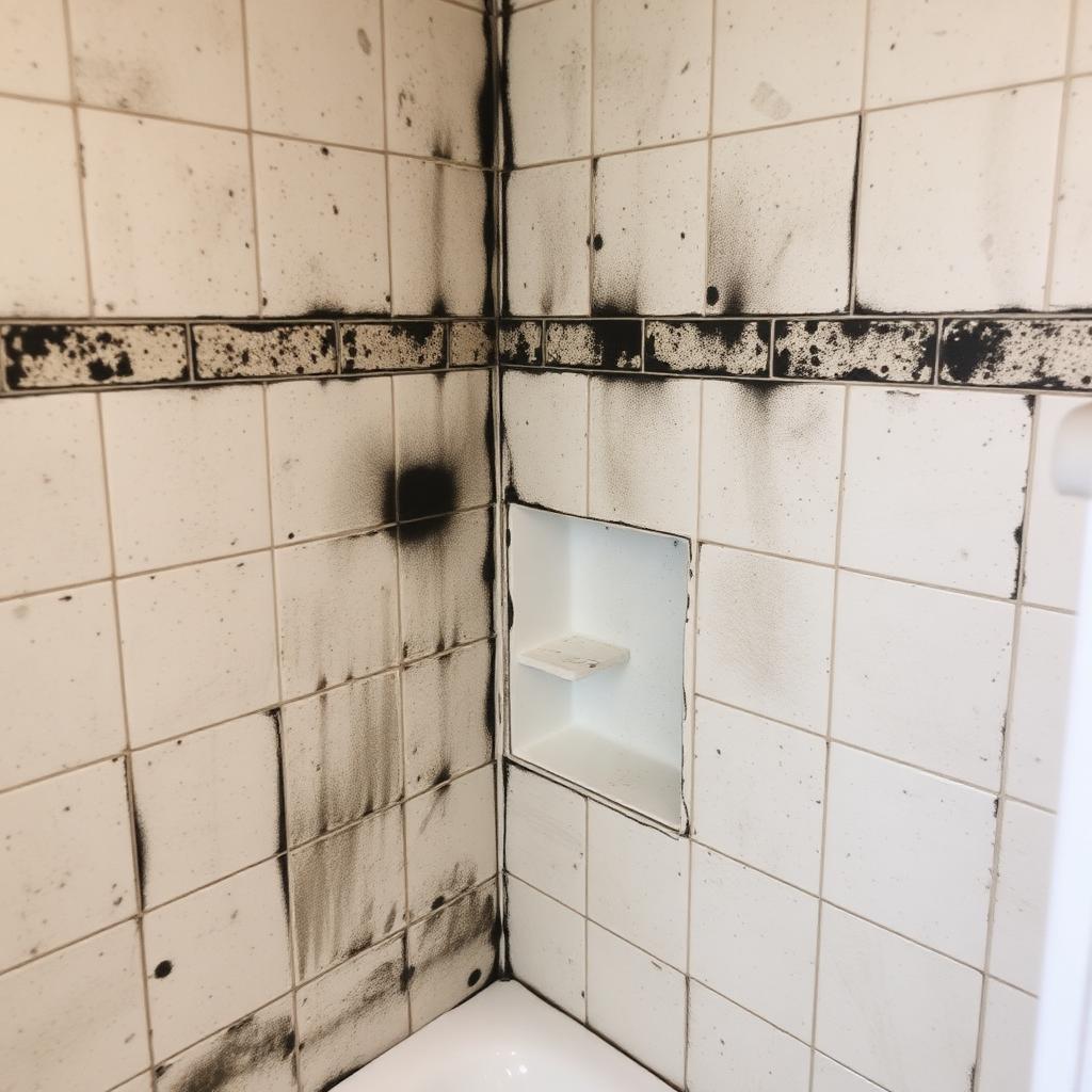 Bathroom tile shower with black mold on grout and caulk before remediation