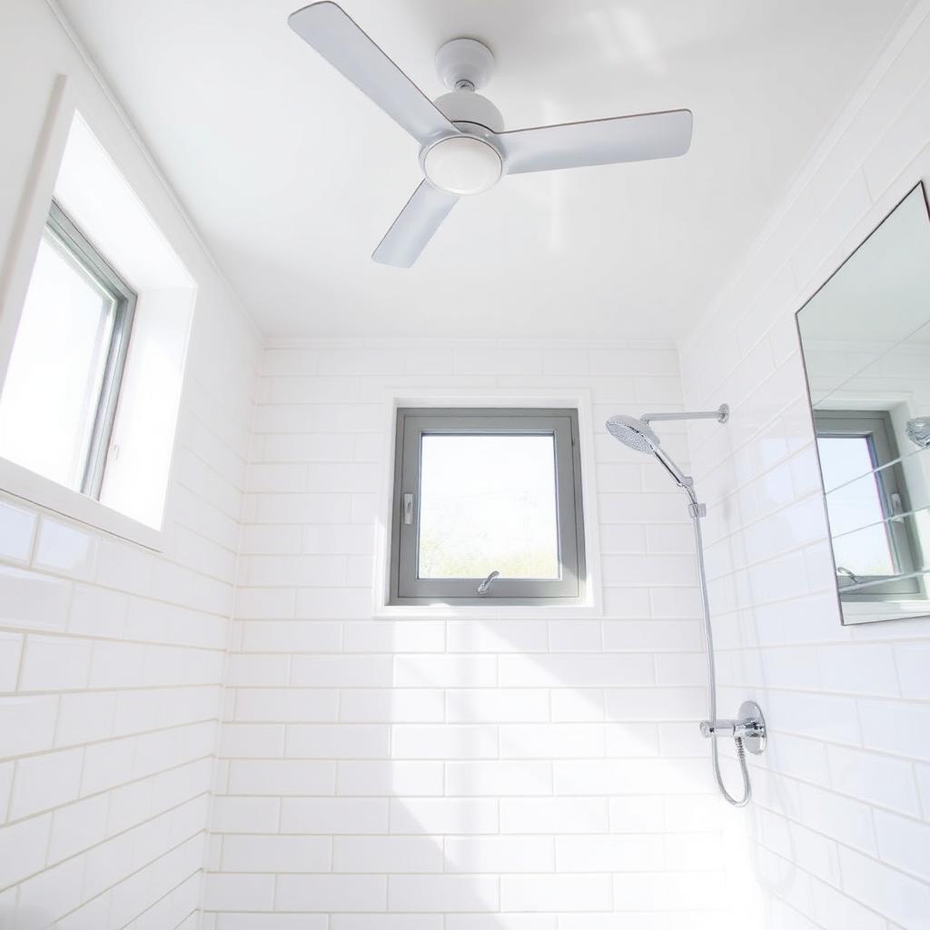 Clean bright bathroom with fresh grout and a working exhaust fan after mold remediation