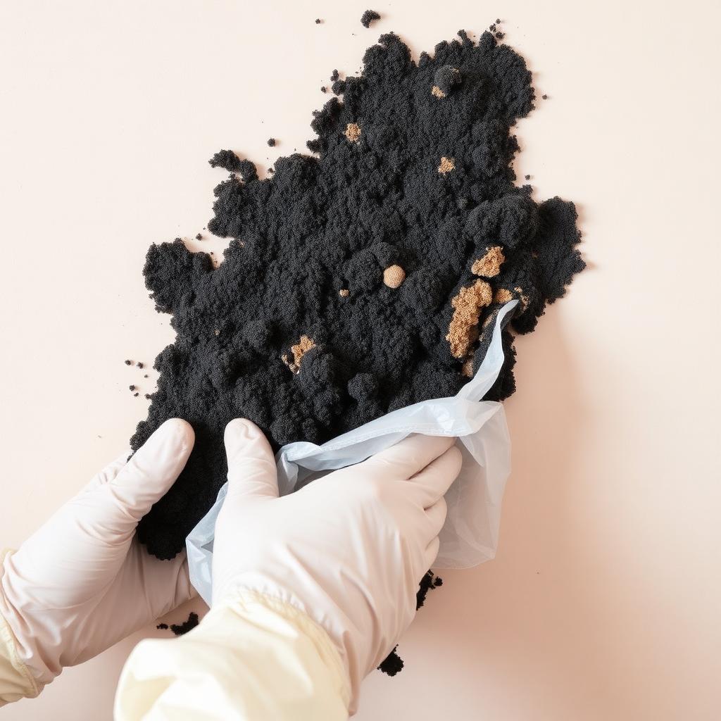 Close up of black Stachybotrys mold on drywall being safely removed by a gloved technician