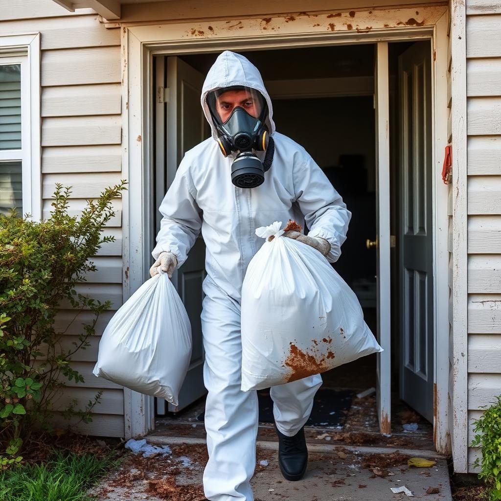 Technician in full hazmat suit and respirator carrying double bagged black mold debris out of a Greensboro home