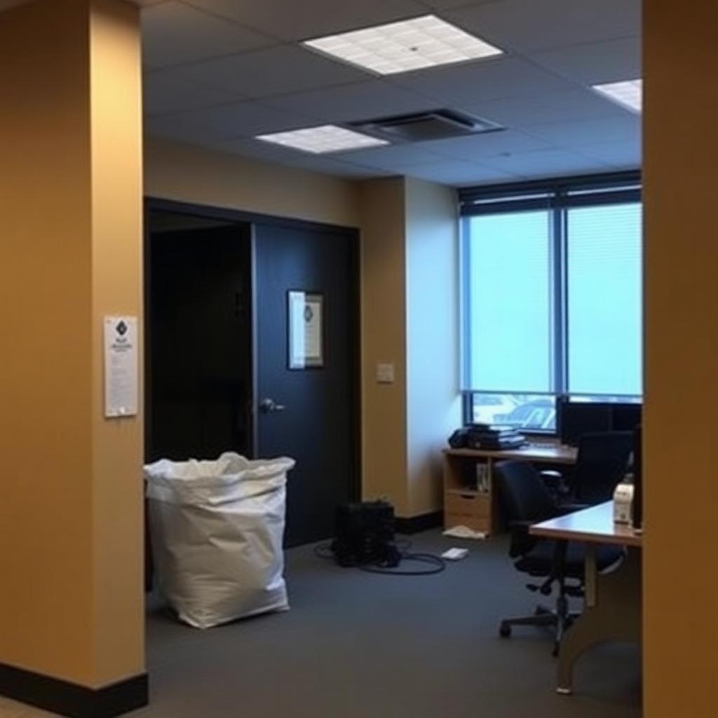 Commercial office with a mold remediation containment set up during after hours work in Greensboro