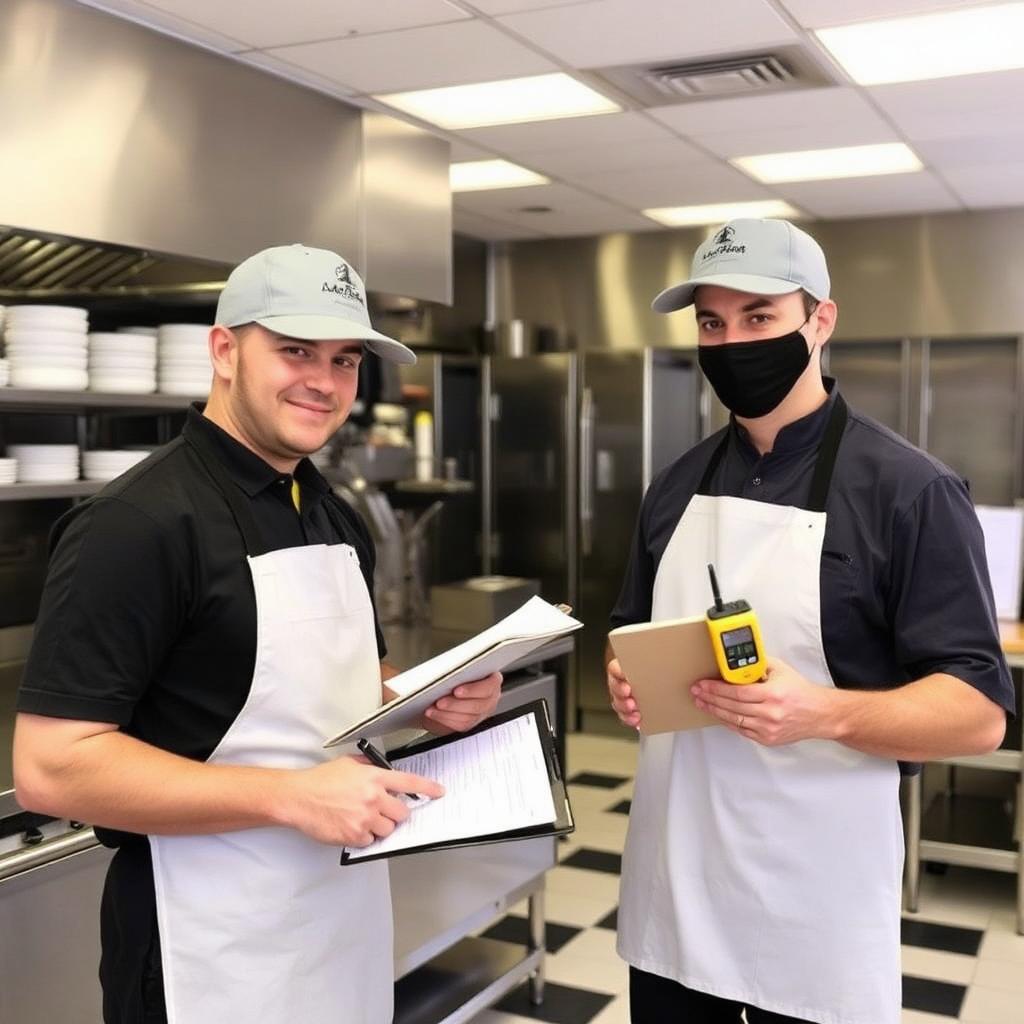 Two certified technicians inspecting a restaurant kitchen for hidden mold and moisture