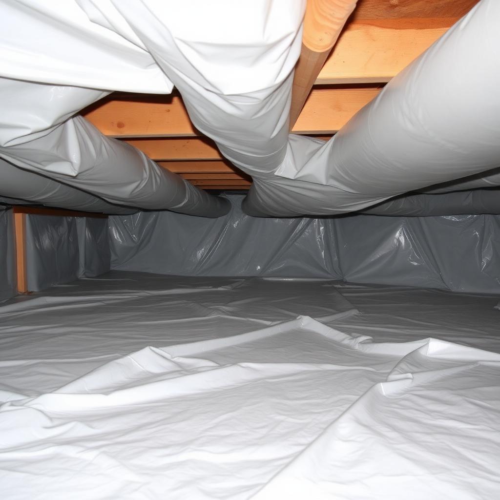 Crawl space under a Greensboro home with heavy white vapor barrier installed across the ground
