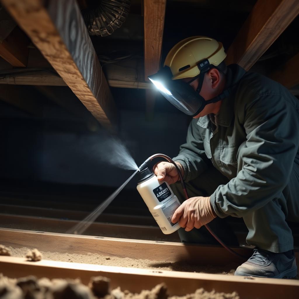 Technician treating floor joists with antimicrobial spray inside a crawl space