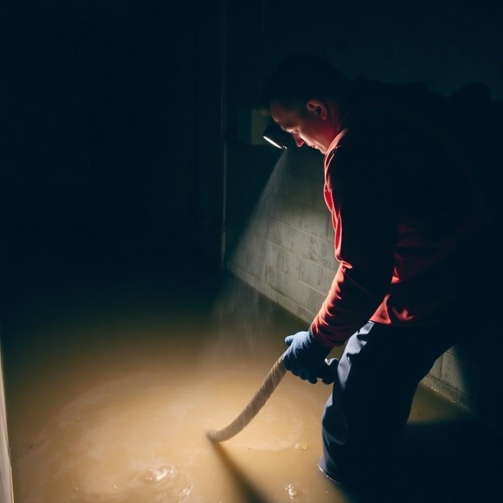 Technician extracting water from a flooded basement at night during an emergency call