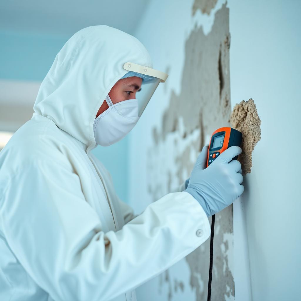 Certified mold inspector using a moisture meter on drywall in a Greensboro home
