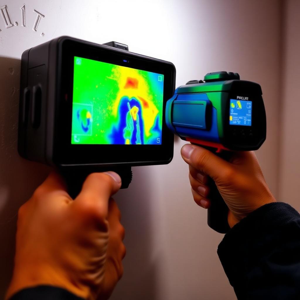 Thermal imaging camera showing hidden moisture behind a wall during a Greensboro mold inspection