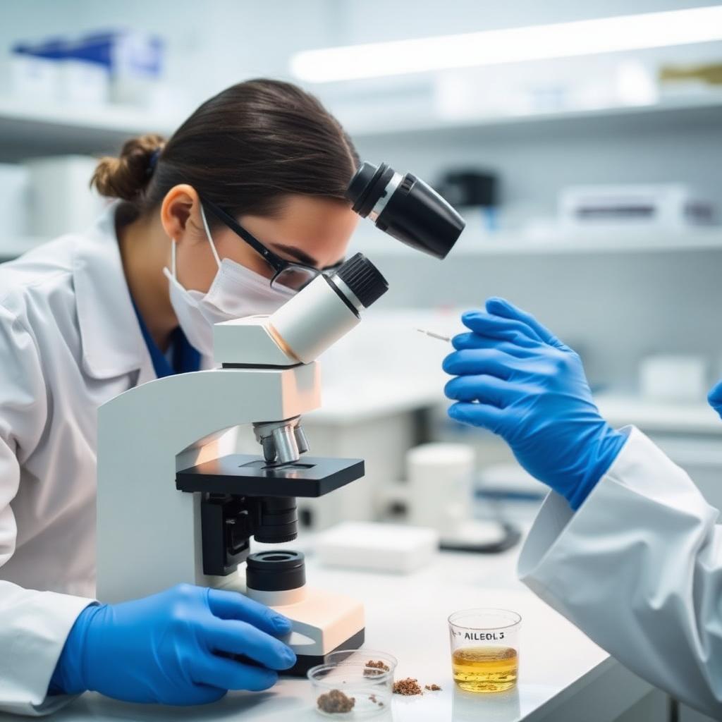 Independent lab technician analyzing mold samples under a microscope
