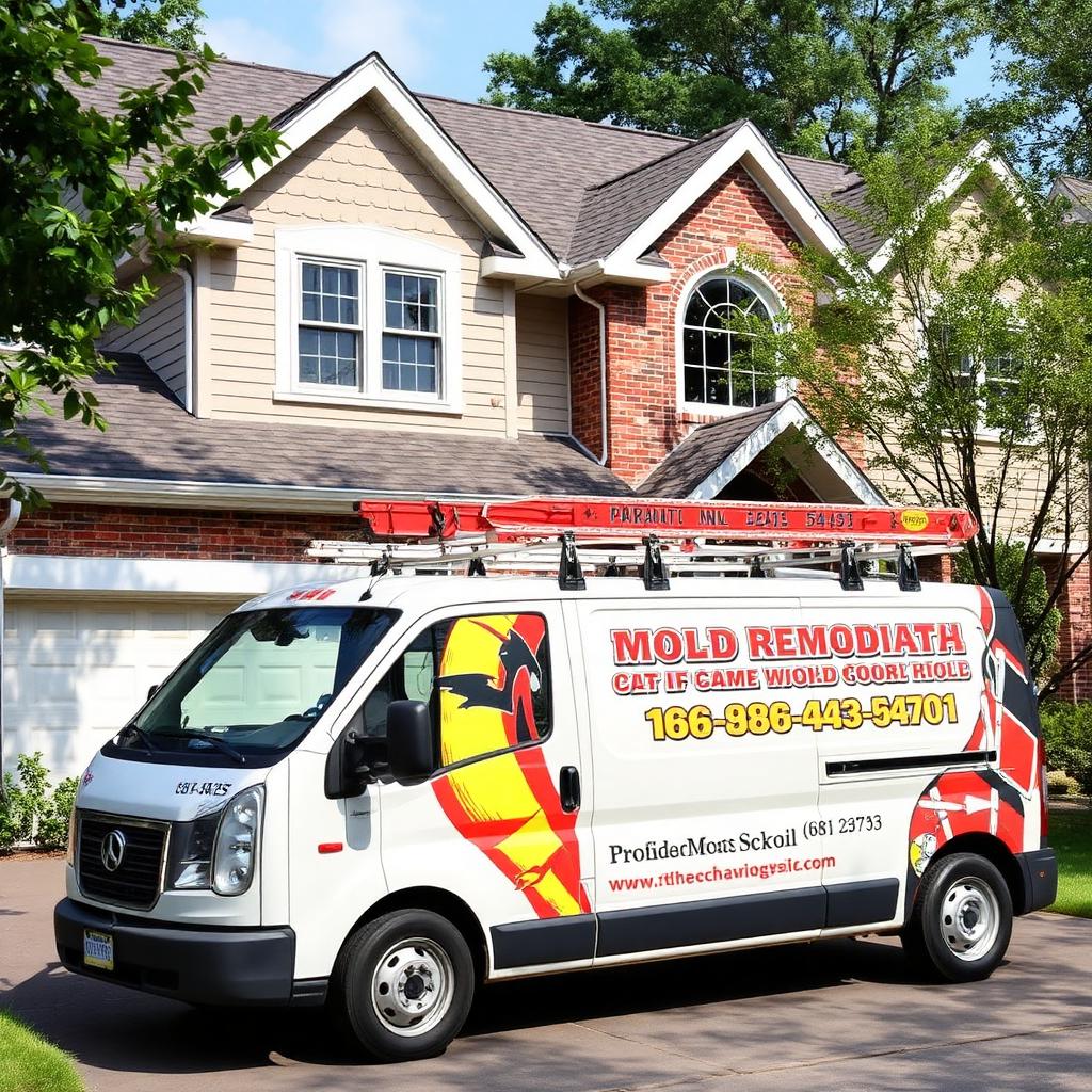 Suburban Greensboro home with a professional mold remediation service van in the driveway