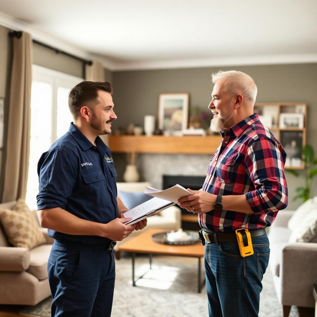 Certified technician meeting with a homeowner in the living room to review a mold remediation plan