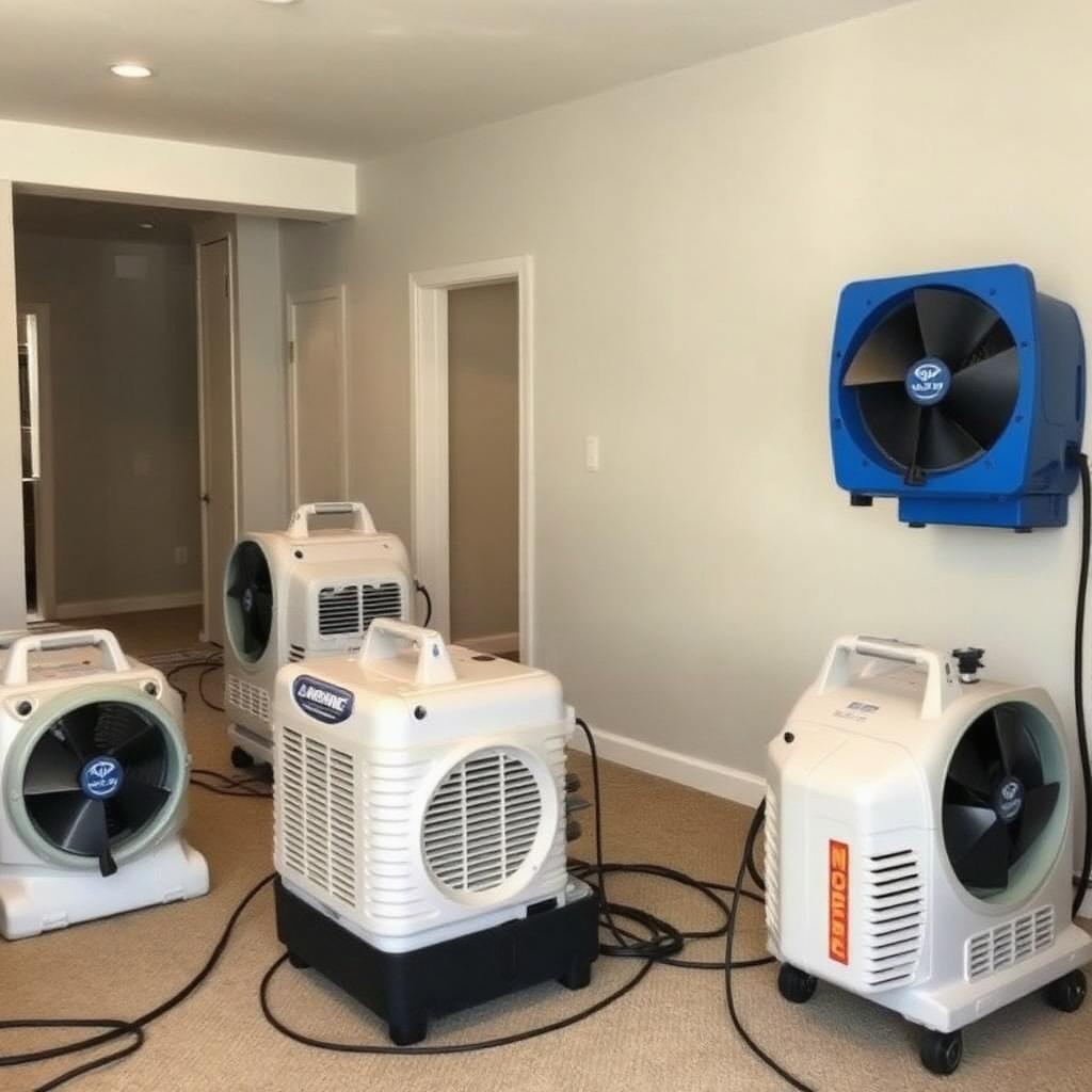 Commercial air movers and dehumidifiers drying a home interior after water damage